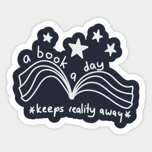 A book a day keeps reality away book with stars Sticker